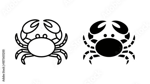 Minimalist crab icon set featuring outline and black silhouette illustrations