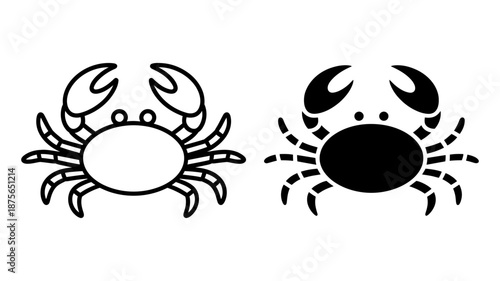 Minimalist crab icon set featuring outline and black silhouette illustrations