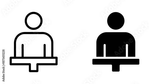Minimalist icon set showing a user or individual sitting behind a desk or counter