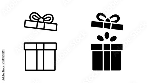 A minimalist gift box opening icon set featuring both outline and glyph styles