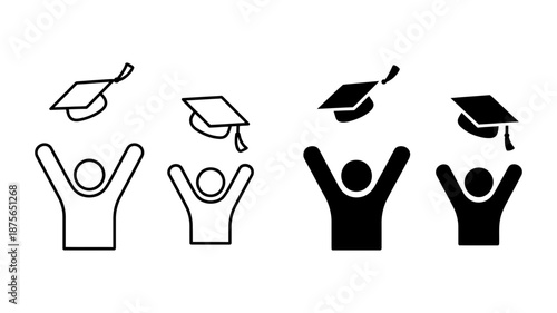 Outline and silhouette icons of a person celebrating graduation by tossing a cap