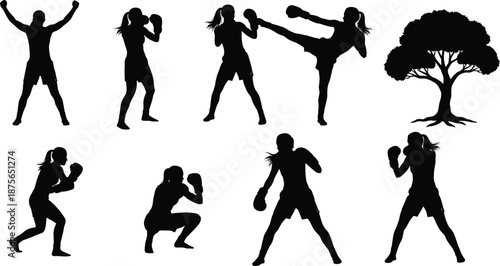 Female boxer and kickboxing silhouettes set, woman boxing training poses fitness martial arts collection, sport action figures, black silhouettes
