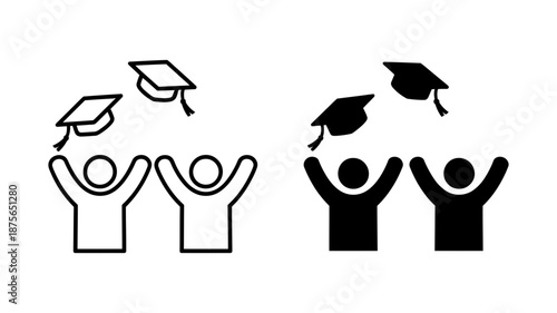 Graduation icon set with students celebrating and throwing their caps in the air