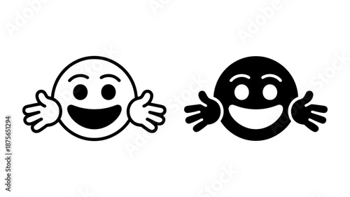 Happy smiley face emoji with outstretched arms ready to give a hug, black and white icon illustration.
