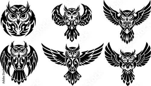 Tribal Owl Tattoo Design Collection Set