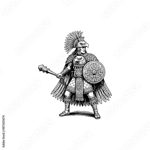 Ancient aztec eagle warrior engraving.