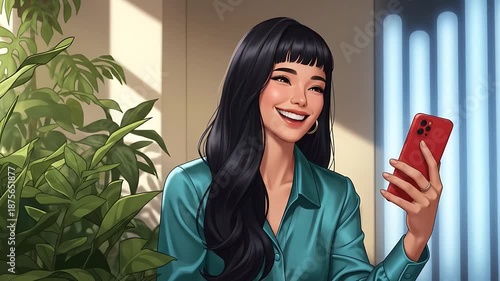 Corporate woman in red shirt smiling at smartphone animated