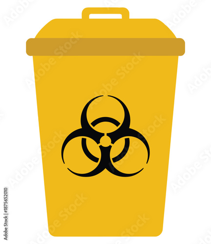 Bright yellow biohazard bin with a black biohazard symbol indicating hazardous waste disposal and safety protocols