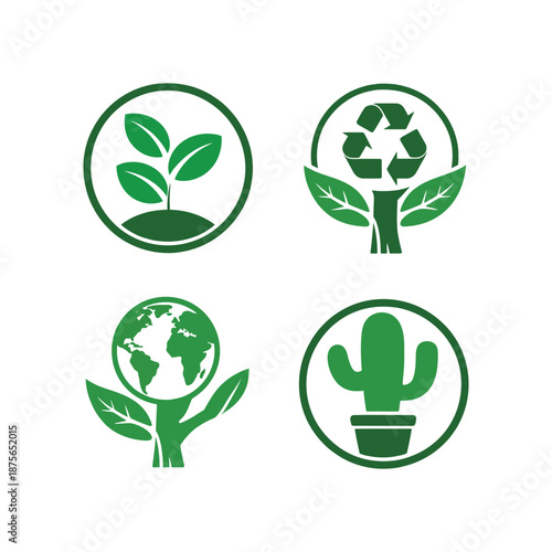 Collection of ecofriendly circular green icons representing nature conservation and sustainable living with plants globe and recycling symbols