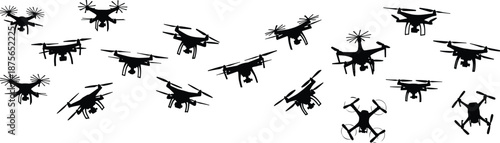 Large Group of Various Drone Silhouettes Flying in a Swarm Formation Including Different Quadcopter Models for Aerial Technology and Surveillance Concept