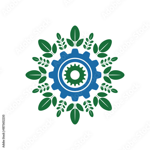 Green industry concept with gears and leaves symbolizing sustainability and ecological balance offering a visual representation of ecofriendly manufacturing and technological innovation