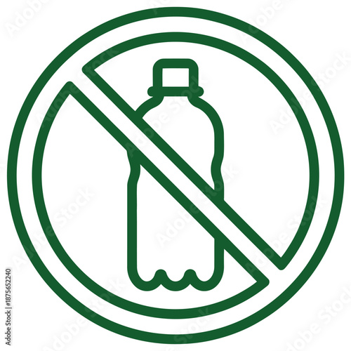 Green prohibition sign with a plastic bottle symbol inside indicating no plastic bottles allowed for environmental protection
