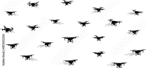 Large Collection of Various Drone Silhouettes Flying in a Scattered Swarm Pattern for Modern Aerial Surveillance and Future Technology Concepts