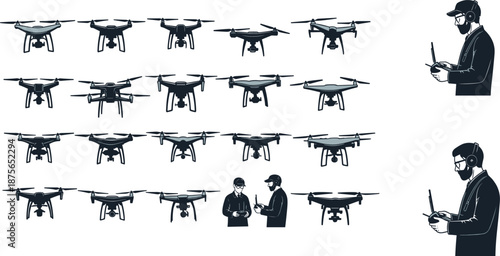 Large Collection of Various Drone Silhouettes Flying in a Scattered Swarm Pattern for Modern Aerial Surveillance and Future Technology Concepts