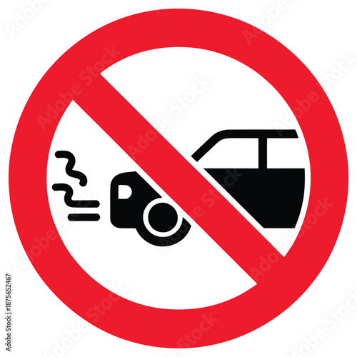 Prohibition sign indicating no cars allowed in the area due to emissions showing a car with exhaust fumes within a red circle and diagonal line