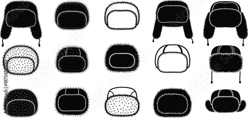 Set of Winter Fur Hat and Ushanka Silhouettes Isolated on White Background for Cold Weather Fashion Design and Seasonal Apparel