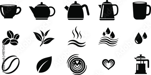 Collection of Black Coffee and Tea Icons Featuring Teapots Mugs Coffee Beans and Brewing Equipment for Cafe Branding Menus and Kitchen Decor
