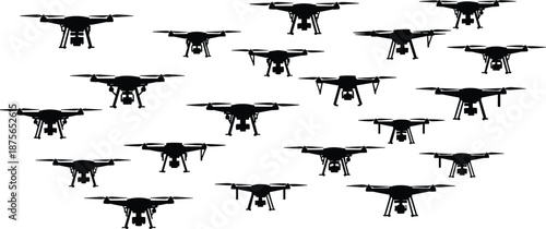 Collection of Flying Drone Silhouettes Isolated on White Background for Aerial Photography Concept Unmanned Aircraft System Technology and Modern Surveillance Vector Graphics