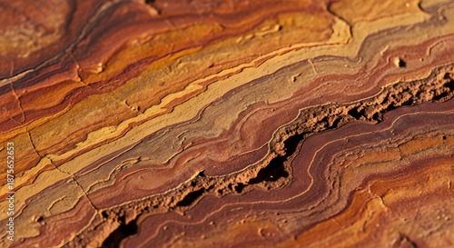 Closeup view of richly colored, layered sedimentary rock formation texture
