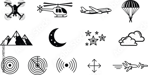 Comprehensive Vector Set of Aviation and Navigation Icons Featuring Drones Helicopters Airplanes Parachutes Radar and Night Sky Elements for Aerospace Industry Graphics
