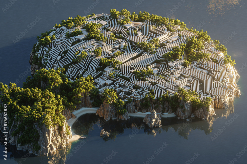 Fototapeta premium island shaped like a computer motherboard with trees and water surrounding it