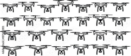 Set of Professional Quadcopter Drone Technical Line Art Icons Featuring Various Camera Gimbals and Perspectives for Technology Engineering and Aerial Photography Projects