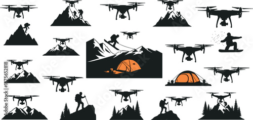 Drone Aerial Photography and Videography Silhouette Vector Icons Set Featuring Outdoor Adventure Mountain Hiking Camping Snowboarding and Wilderness Exploration Graphic Element