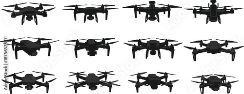 Set of Professional Quadcopter Drone Silhouette Vector Icons Featuring Various Multirotor Models for Aerial Photography Video Production and Modern Technology Graphic Design