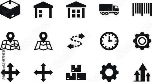 Comprehensive Collection of Drone Silhouette Icons and Logistics Symbols Featuring Quadcopters Delivery Packages Warehouse Storage Maps and Transport Navigation Graphic Vector Elements