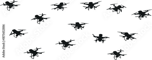 Large Collection of Drone Silhouette Vector Icons and Logistics Symbols Featuring Quadcopters Delivery Packages Warehouse Maps and Modern Transportation Graphic Elements