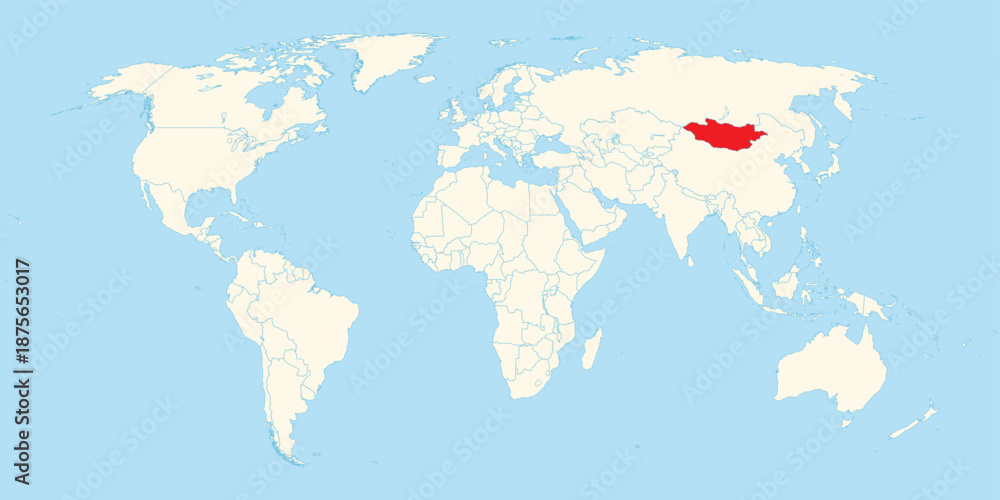Obraz premium World map highlighting the landlocked country of Mongolia located between Russia and China in East Asia