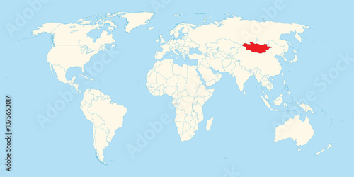 World map highlighting the landlocked country of Mongolia located between Russia and China in East Asia