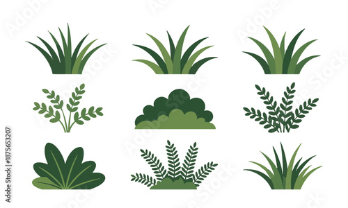 Flat Green Grass And Bush vector Collection  Design  On White Background, easily editable.