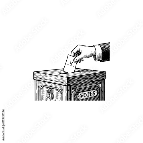 Human hand placing a ballot paper into a wooden ballot box engraving.