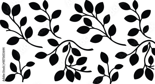 Botanical leaf branch silhouette illustration with natural plant foliage on white background, representing elegant floral design, organic nature elements, greenery decor, and botanical 
