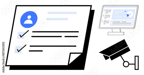 Digital identity, online security, surveillance systems, data management, authentication, privacy. Profile checklist, monitor with data and camera. Digital identity and online security concept