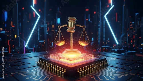 Digital justice scale on microchip representing cyber law