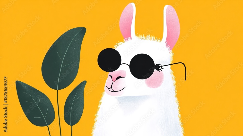 Naklejka premium White llama wearing sunglasses stands next to a green plant on a bright yellow background in a fun and playful scene