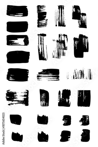 Black paint brush strokes collection isolated on white background. Set of black decorative splashes.  Art decorations. Paint spots. Design elements. Gouache splashes. Vector illustration.