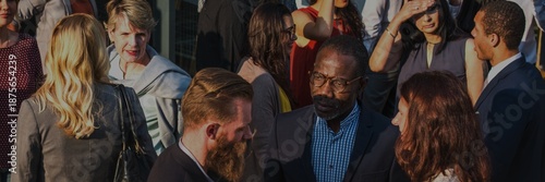 Photos A diverse group of professionals, including men and women of various ethnicities, engage in conversation and networking