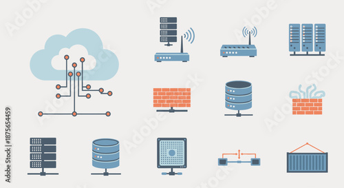 Collection of diverse cloud computing and network infrastructure icons.