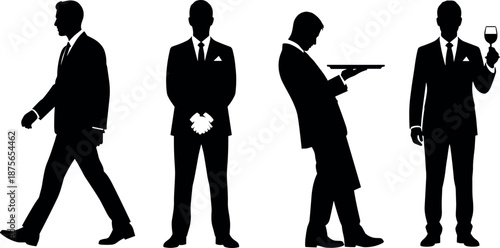 Elegant Professional Butler and Waiter Silhouettes Set Featuring Formal Service Poses With Wine Glass Tray and Hospitality Staff Uniform Icons