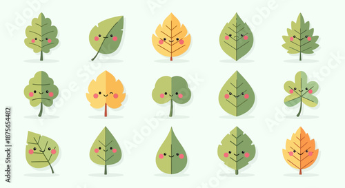 Cute cartoon leaves collection with happy faces and diverse expressions.