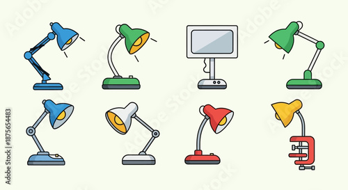 Colorful desk lamps and monitor in flat design style.