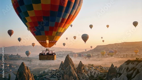 Hot air balloons drifting over Cappadocia at sunrise in a dreamy aerial view