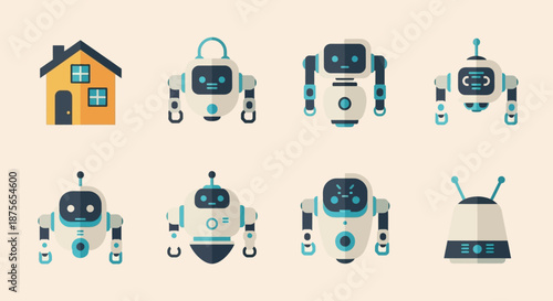 Set of flat design robots and a house icon