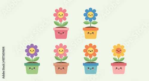 Cute happy cartoon flowers in colorful pots, vector illustration.