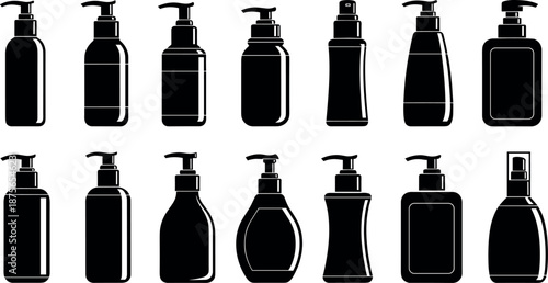 Set of black silhouette cosmetic bottle icons with pump dispensers and spray nozzles for soap shampoo lotion and liquid products