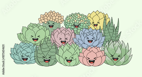 A delightful collection of cute cartoon succulents with happy smiling faces.