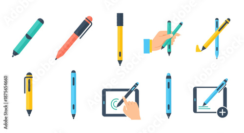 Collection of digital pen and stylus icons on white background
